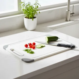 Planche à découper en plastique durable sans BPA, avec rainures pour jus et bords antidérapants