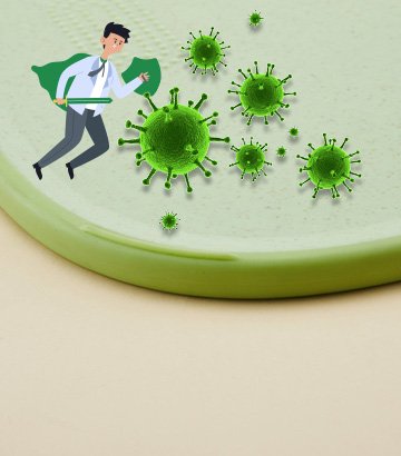 Office man with cape fending off green microbes on cutting board surface